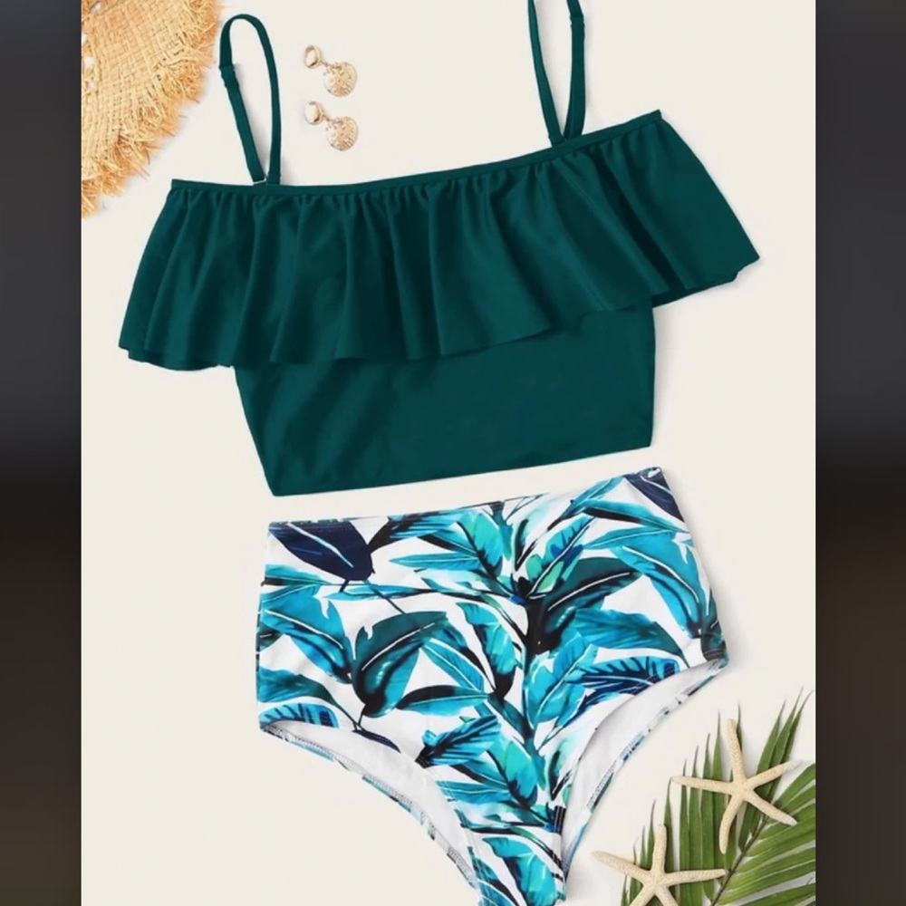 Tropical Flounce High Waisted Bikini Swimsuit